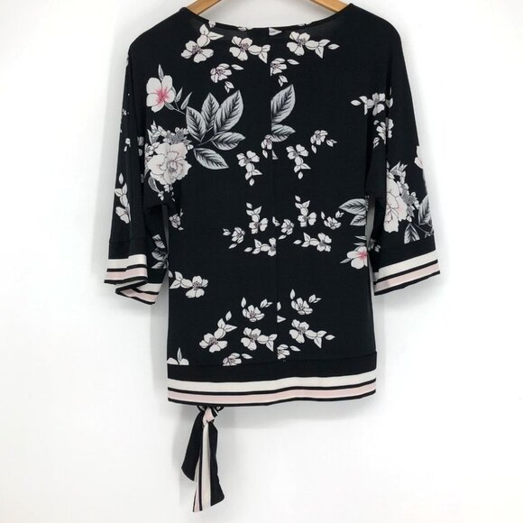 Rickis Black floral Kimono style half sleeve side knot boatneck  blouse XS - Picture 4 of 16
